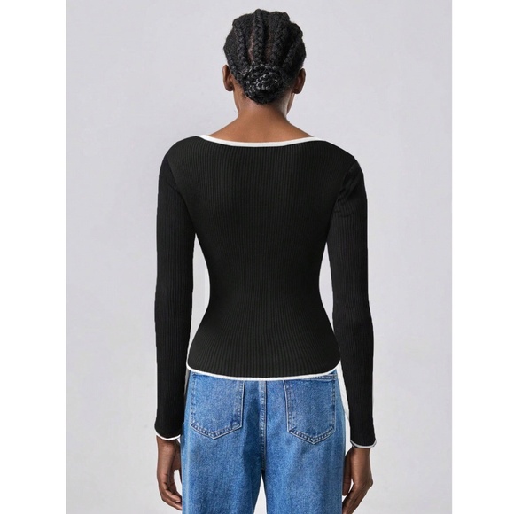 Black Rib Knit Sweetheart Contrast White Trim Long Sleeve Fitted Sweater Top - Picture 10 of 16